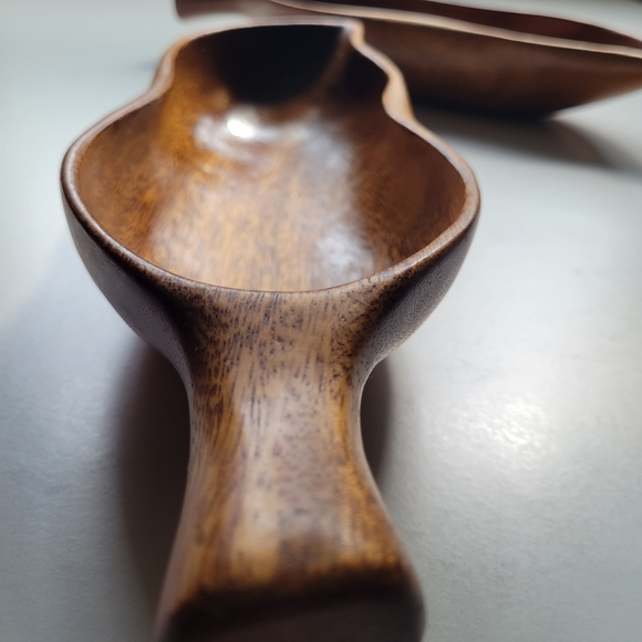 Orobilt VTG MCM Monkey Pod 12x4x2 Wood Set 2 Leaf Fruit Snack Bowl Fall Holidays - Picture 10 of 15